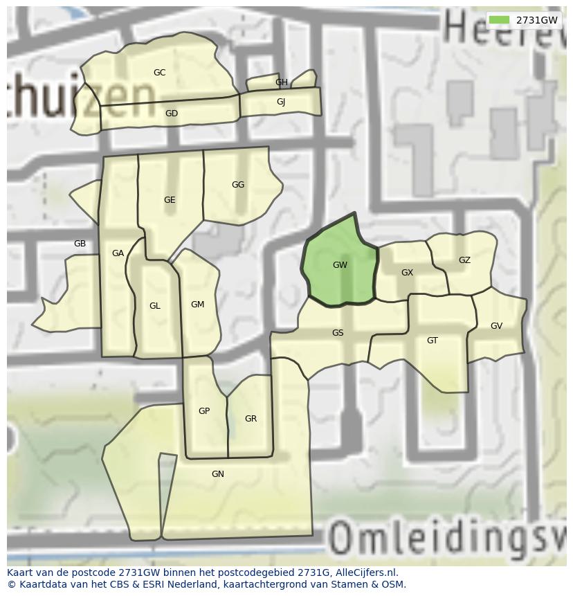 Afbeelding van het postcodegebied 2731 GW op de kaart.