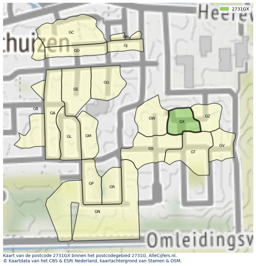 Afbeelding van het postcodegebied 2731 GX op de kaart.