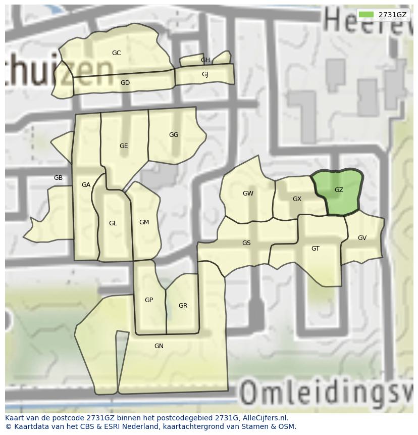 Afbeelding van het postcodegebied 2731 GZ op de kaart.