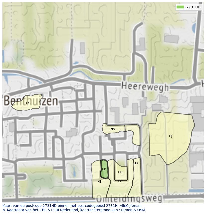 Afbeelding van het postcodegebied 2731 HD op de kaart.