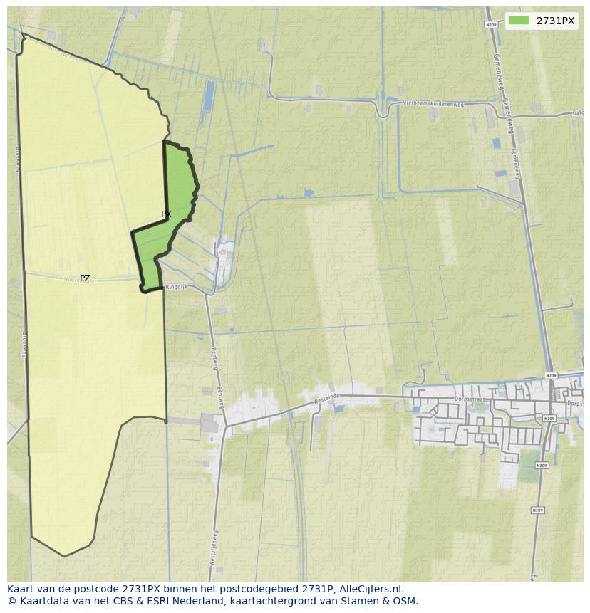 Afbeelding van het postcodegebied 2731 PX op de kaart.