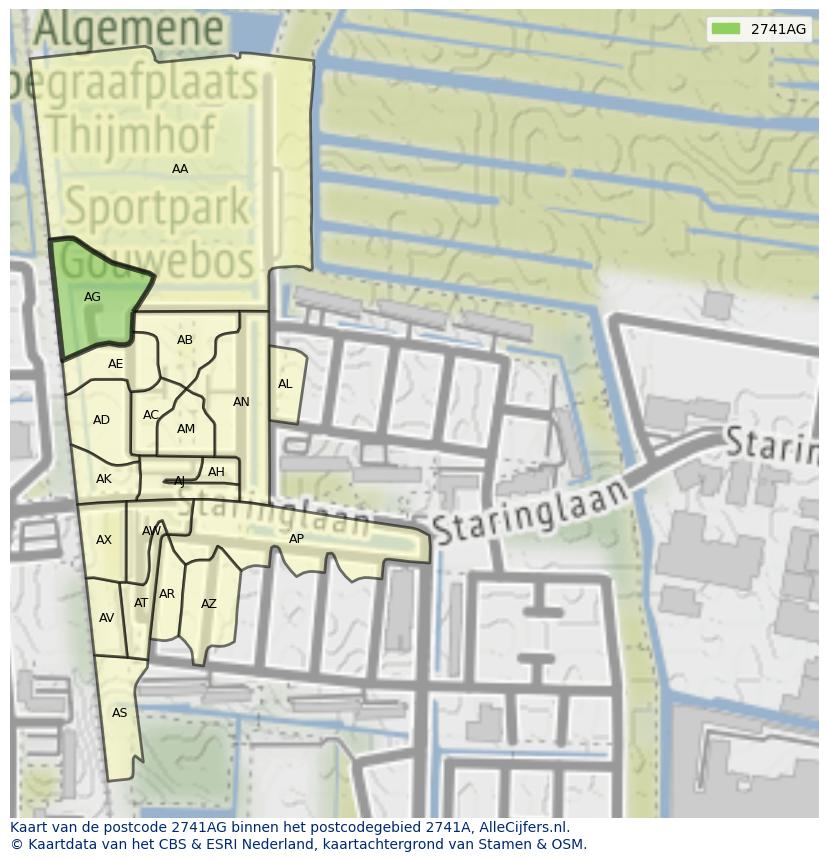 Afbeelding van het postcodegebied 2741 AG op de kaart.