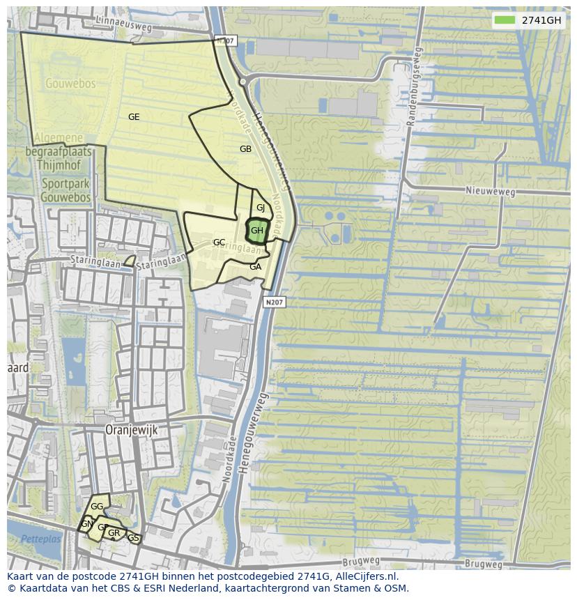 Afbeelding van het postcodegebied 2741 GH op de kaart.