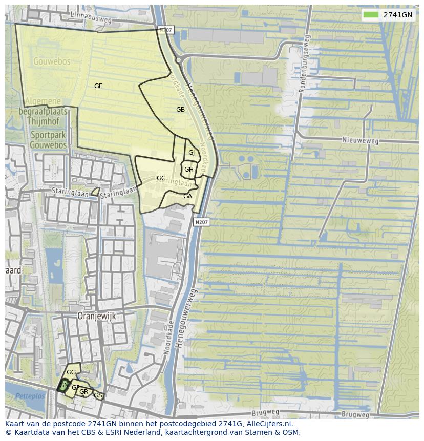 Afbeelding van het postcodegebied 2741 GN op de kaart.