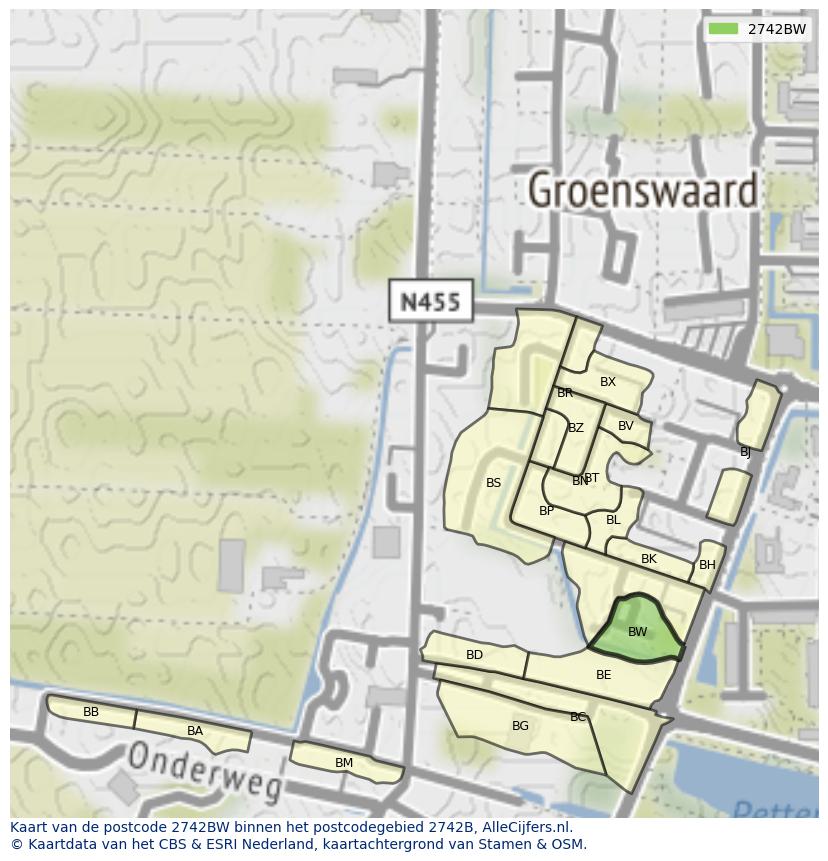 Afbeelding van het postcodegebied 2742 BW op de kaart.