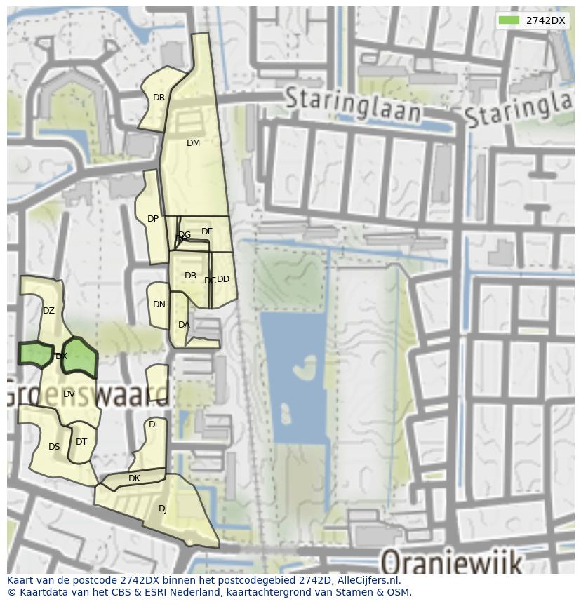 Afbeelding van het postcodegebied 2742 DX op de kaart.