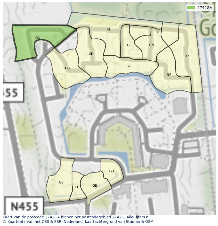 Afbeelding van het postcodegebied 2742 GA op de kaart.