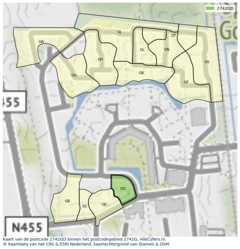 Afbeelding van het postcodegebied 2742 GD op de kaart.