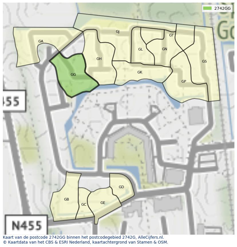 Afbeelding van het postcodegebied 2742 GG op de kaart.