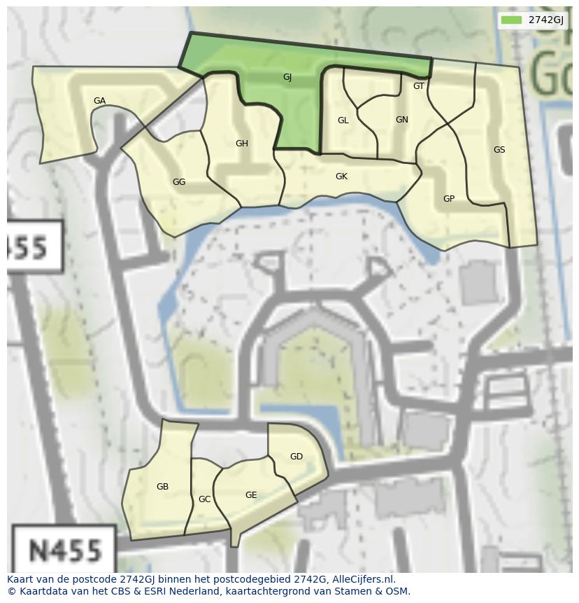 Afbeelding van het postcodegebied 2742 GJ op de kaart.