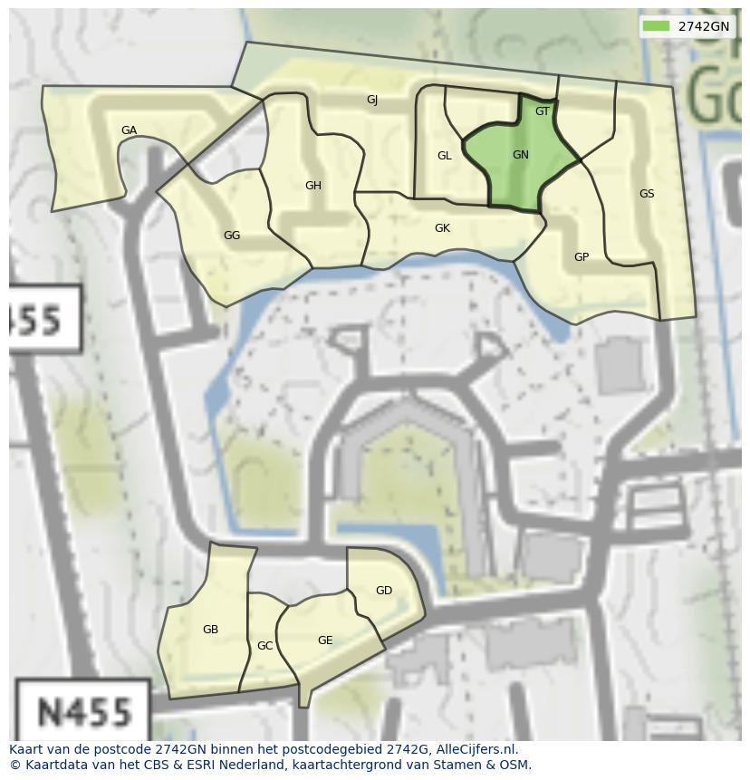 Afbeelding van het postcodegebied 2742 GN op de kaart.