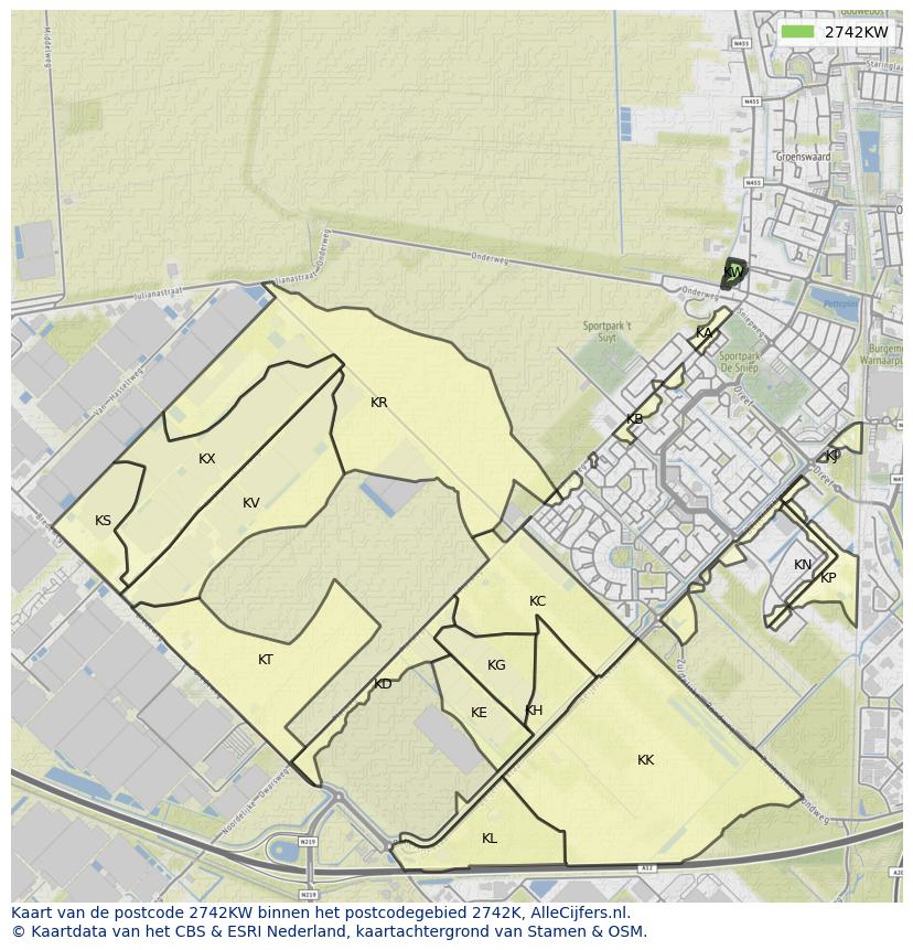 Afbeelding van het postcodegebied 2742 KW op de kaart.