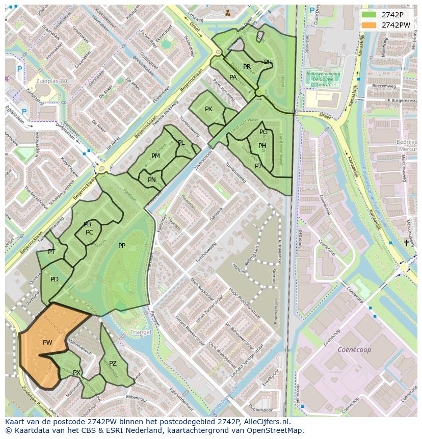Afbeelding van het postcodegebied 2742 PW op de kaart.