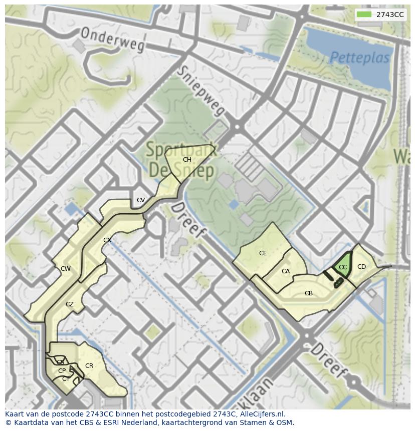 Afbeelding van het postcodegebied 2743 CC op de kaart.