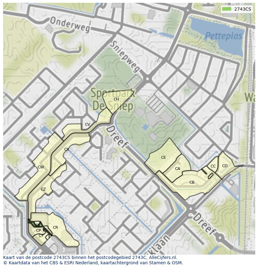 Afbeelding van het postcodegebied 2743 CS op de kaart.