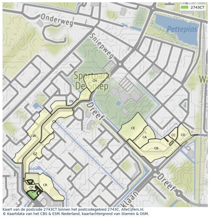 Afbeelding van het postcodegebied 2743 CT op de kaart.