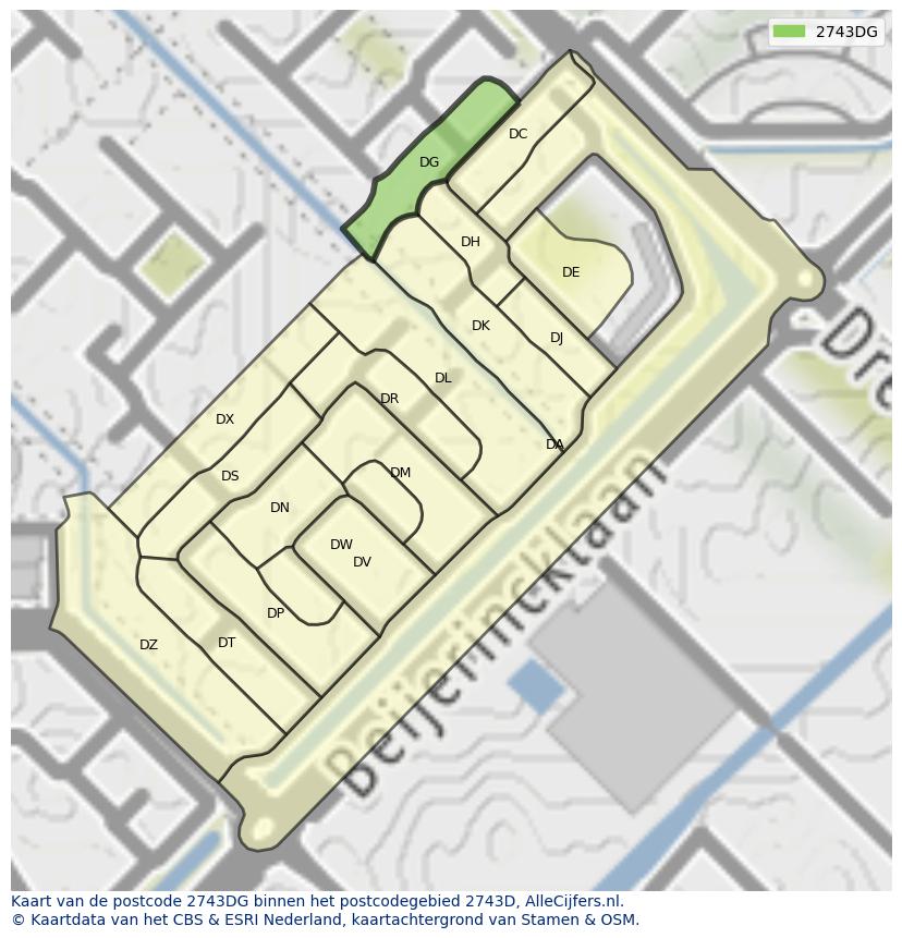 Afbeelding van het postcodegebied 2743 DG op de kaart.
