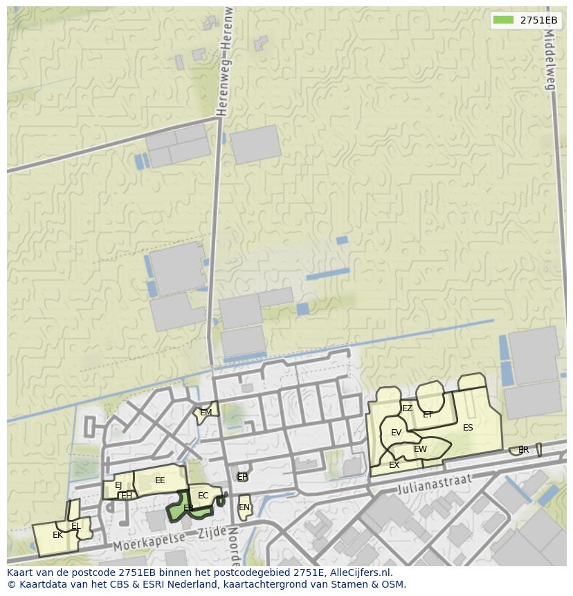 Afbeelding van het postcodegebied 2751 EB op de kaart.