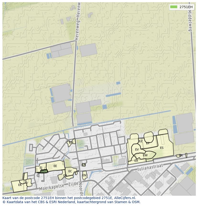 Afbeelding van het postcodegebied 2751 EH op de kaart.