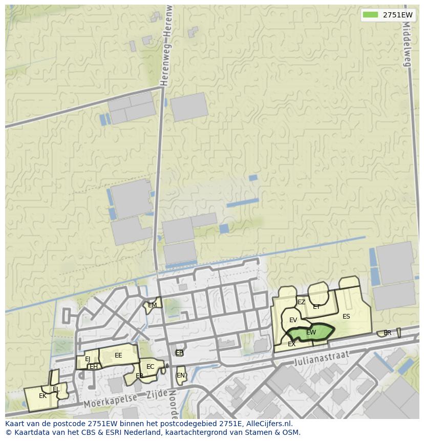 Afbeelding van het postcodegebied 2751 EW op de kaart.