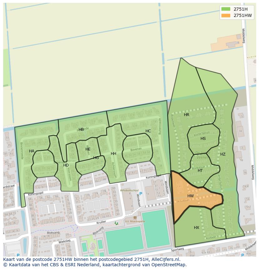 Afbeelding van het postcodegebied 2751 HW op de kaart.