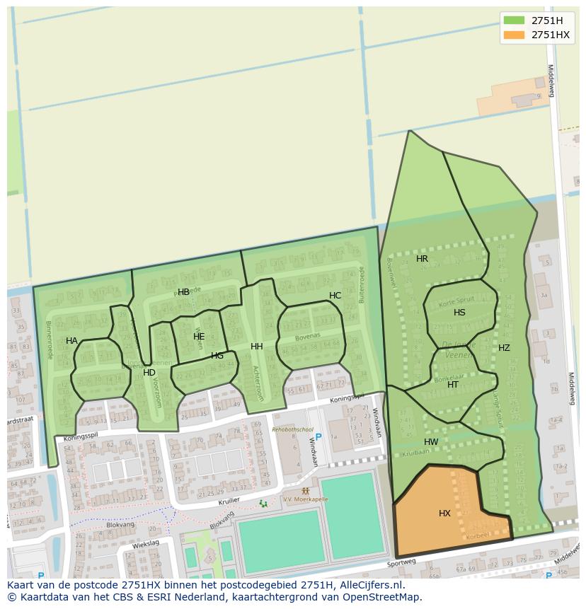 Afbeelding van het postcodegebied 2751 HX op de kaart.