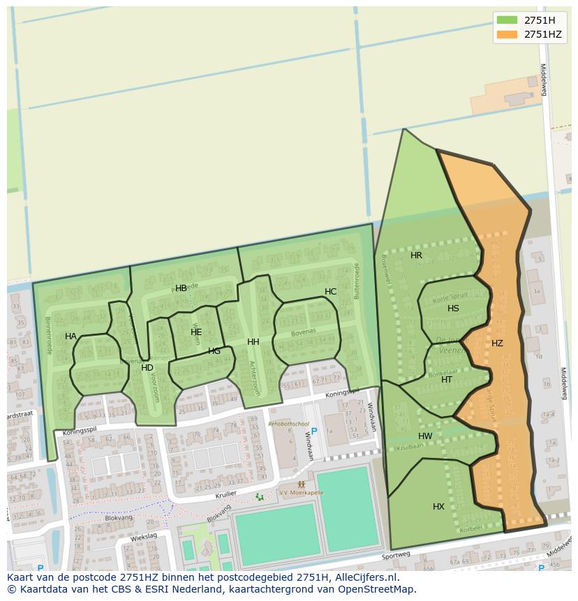 Afbeelding van het postcodegebied 2751 HZ op de kaart.