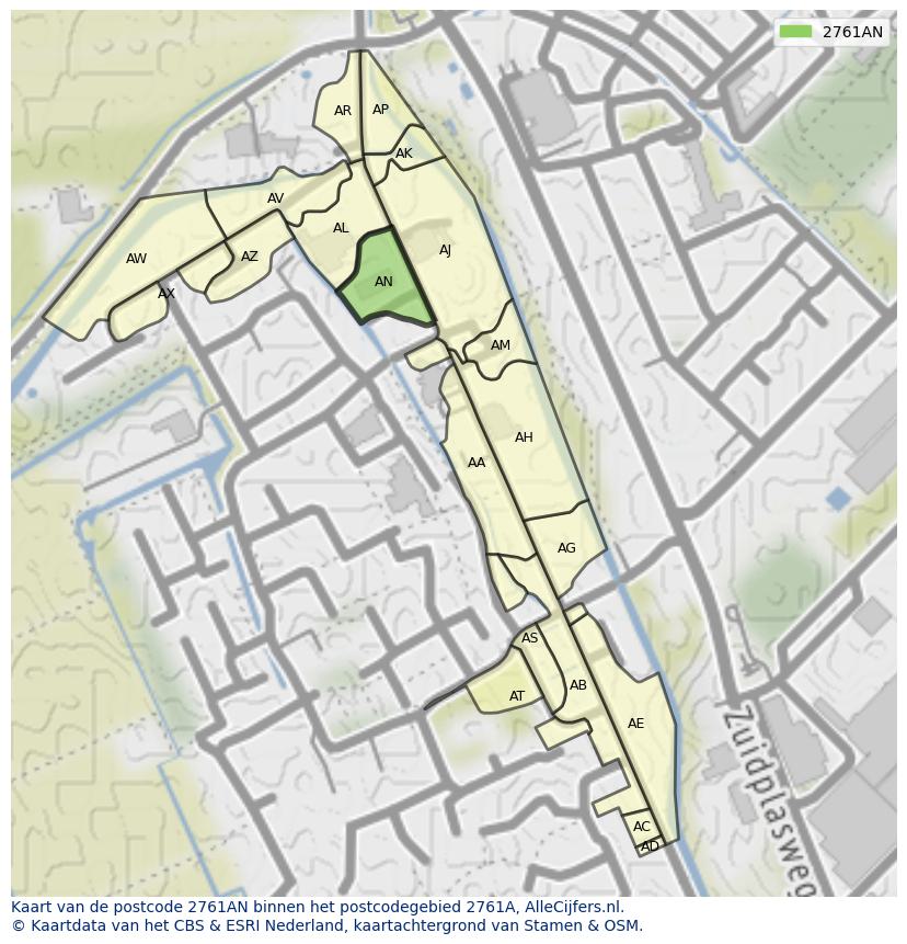 Afbeelding van het postcodegebied 2761 AN op de kaart.