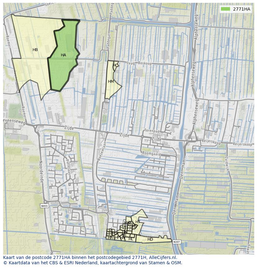 Afbeelding van het postcodegebied 2771 HA op de kaart.
