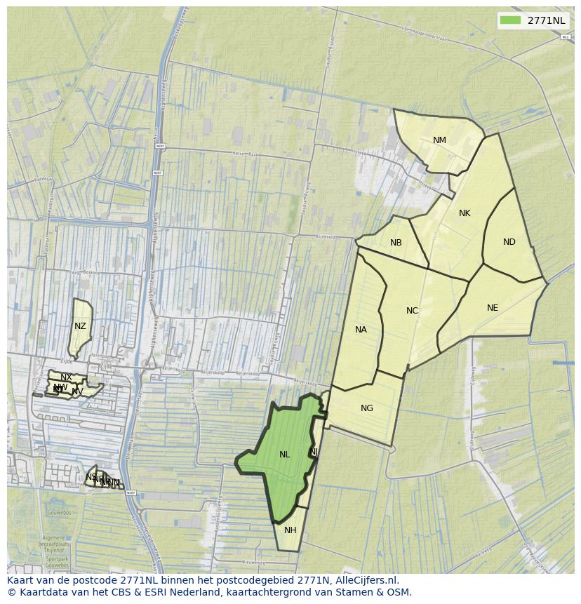 Afbeelding van het postcodegebied 2771 NL op de kaart.