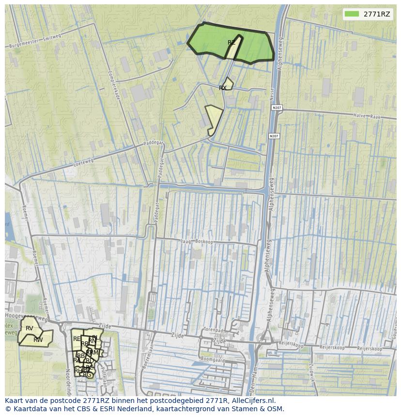 Afbeelding van het postcodegebied 2771 RZ op de kaart.
