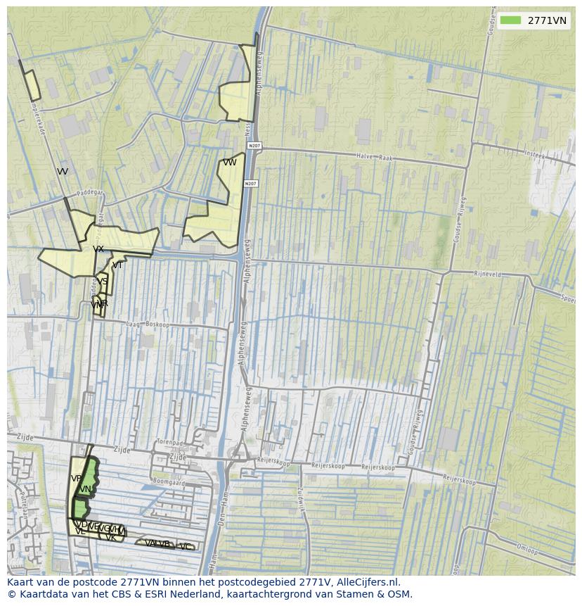 Afbeelding van het postcodegebied 2771 VN op de kaart.