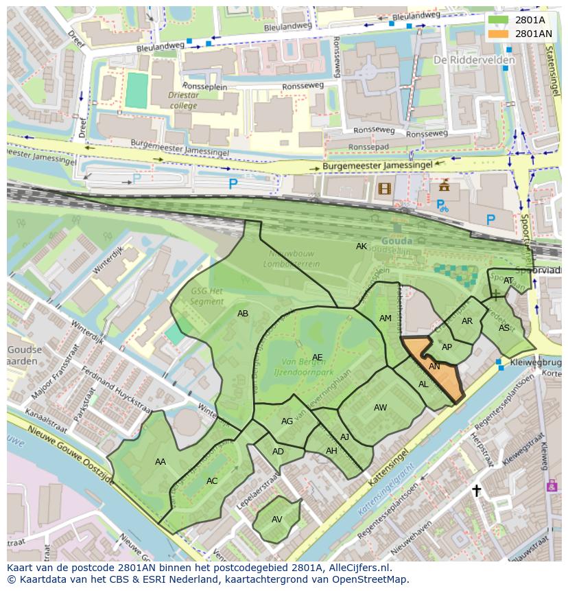 Afbeelding van het postcodegebied 2801 AN op de kaart.
