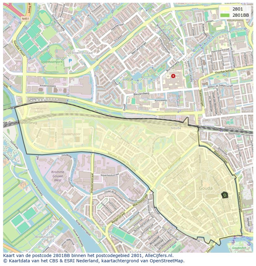 Afbeelding van het postcodegebied 2801 BB op de kaart.