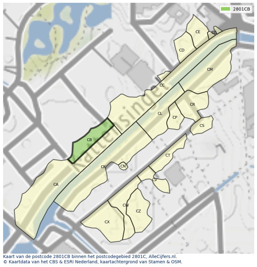 Afbeelding van het postcodegebied 2801 CB op de kaart.