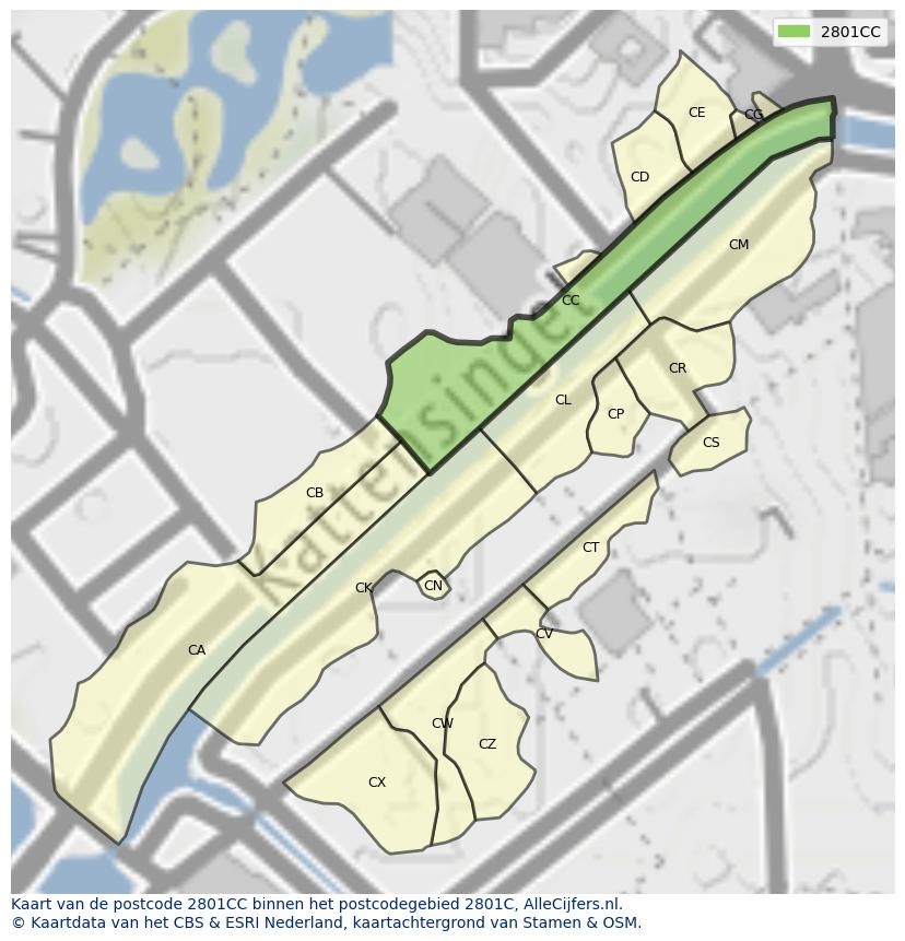 Afbeelding van het postcodegebied 2801 CC op de kaart.