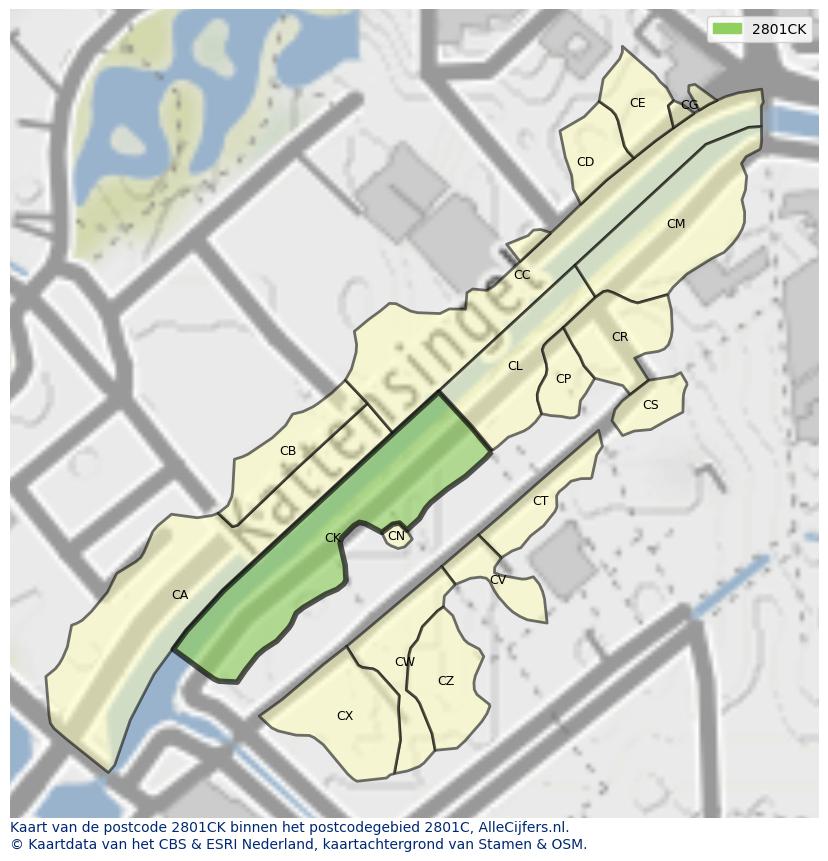 Afbeelding van het postcodegebied 2801 CK op de kaart.
