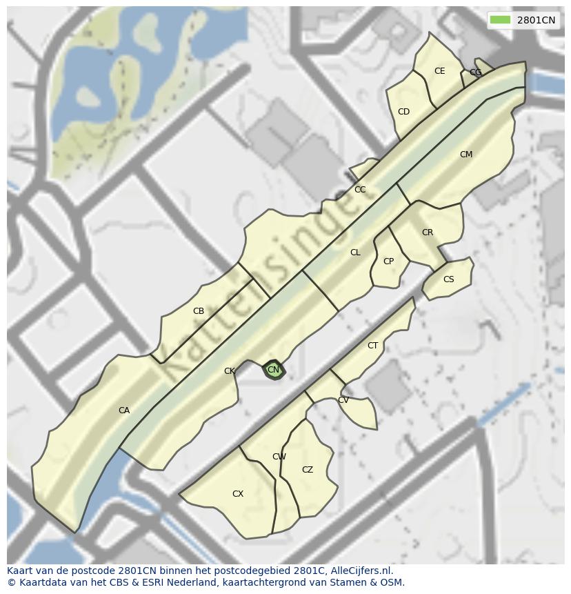 Afbeelding van het postcodegebied 2801 CN op de kaart.