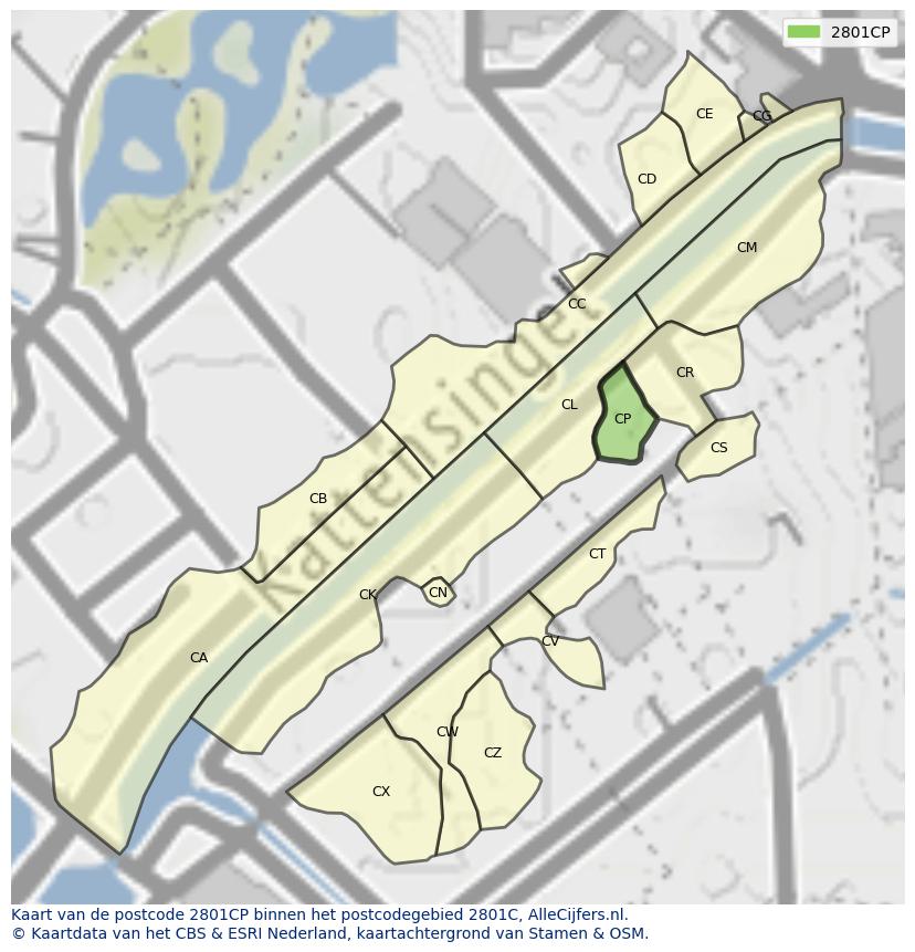 Afbeelding van het postcodegebied 2801 CP op de kaart.