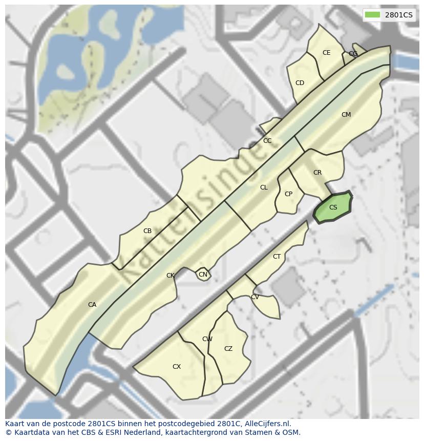 Afbeelding van het postcodegebied 2801 CS op de kaart.