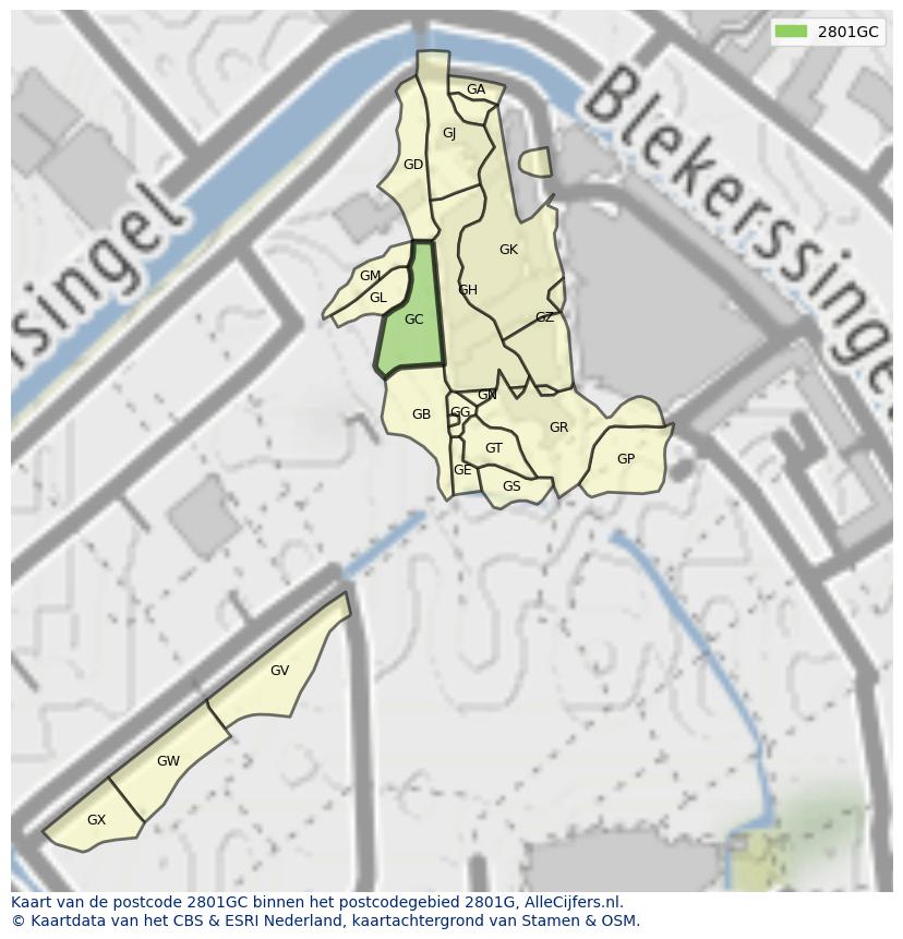 Afbeelding van het postcodegebied 2801 GC op de kaart.