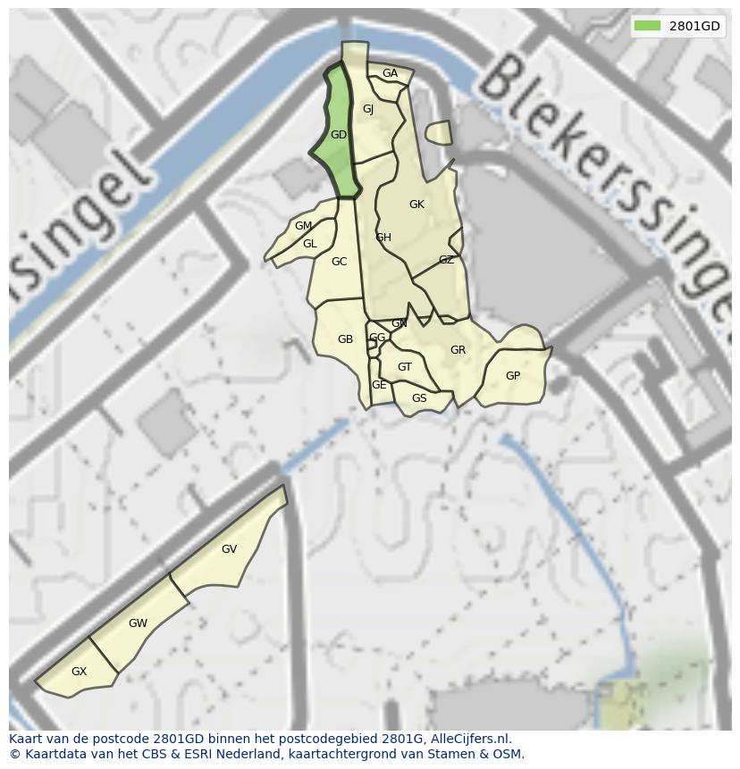 Afbeelding van het postcodegebied 2801 GD op de kaart.
