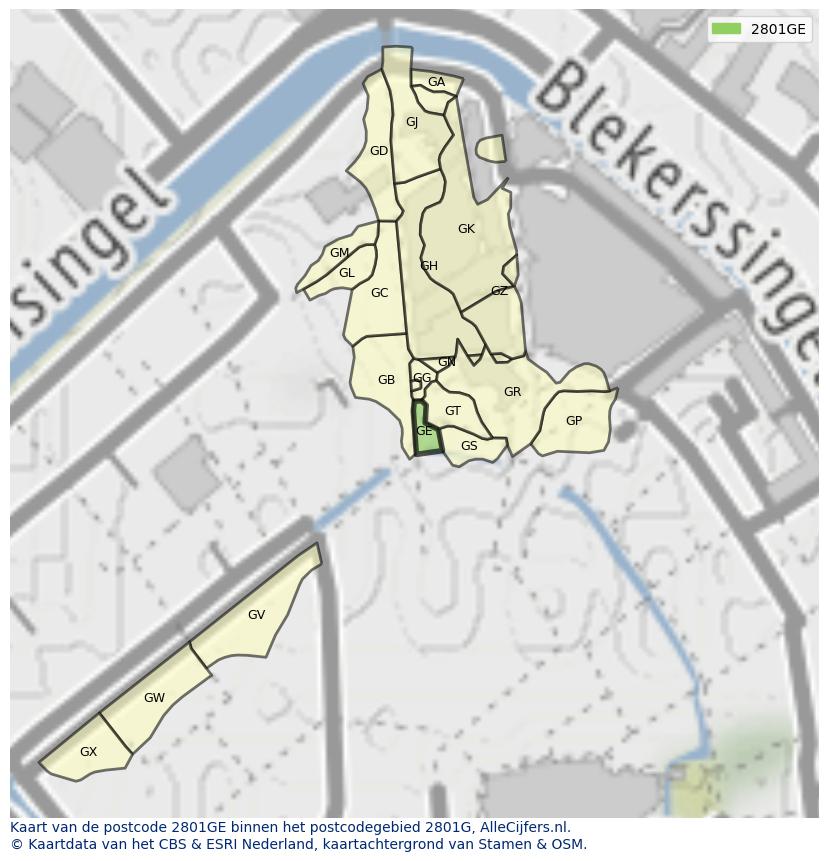 Afbeelding van het postcodegebied 2801 GE op de kaart.