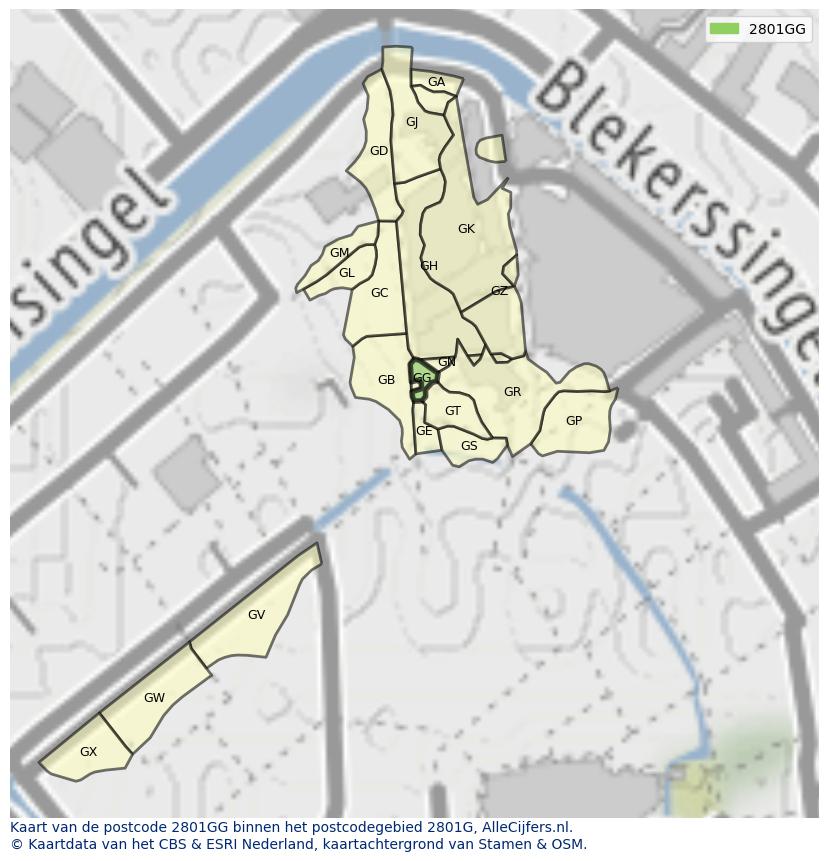 Afbeelding van het postcodegebied 2801 GG op de kaart.