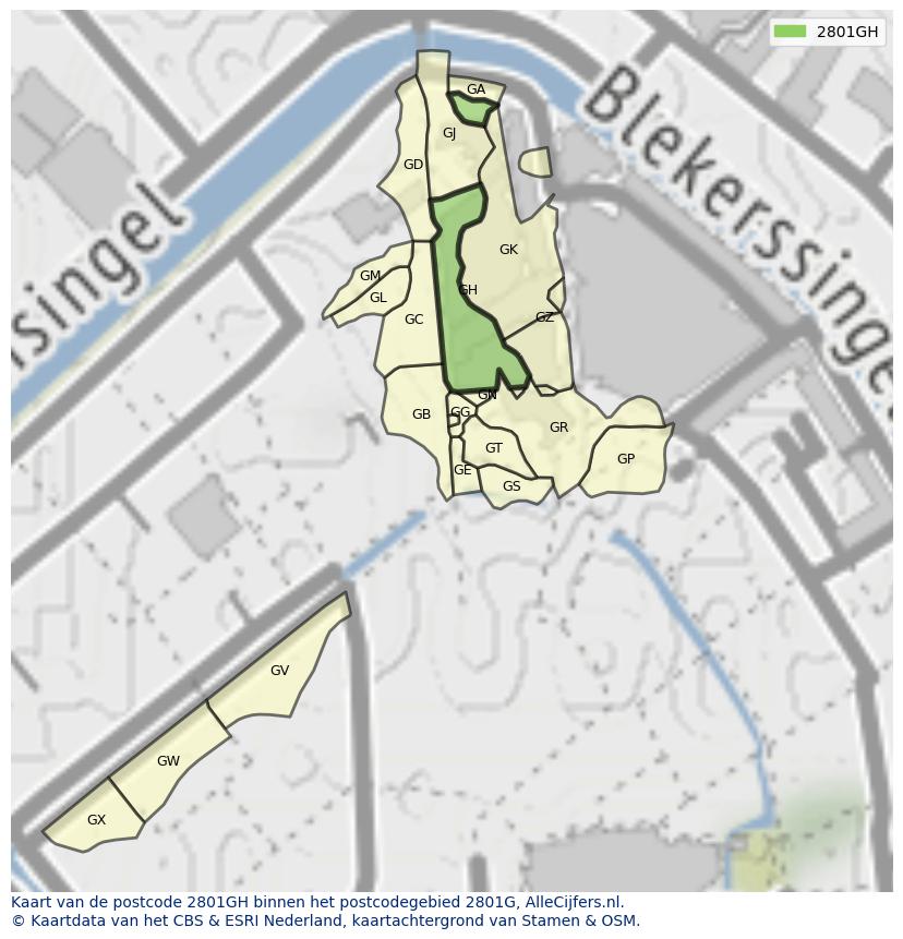 Afbeelding van het postcodegebied 2801 GH op de kaart.