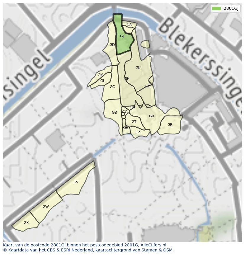 Afbeelding van het postcodegebied 2801 GJ op de kaart.