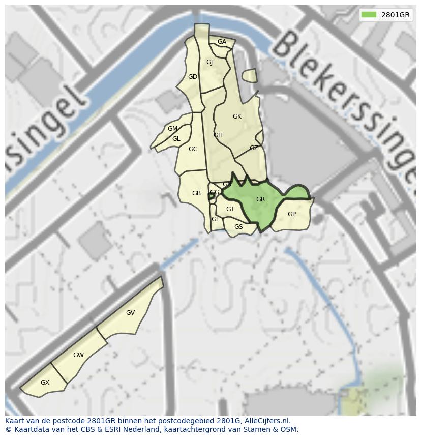 Afbeelding van het postcodegebied 2801 GR op de kaart.