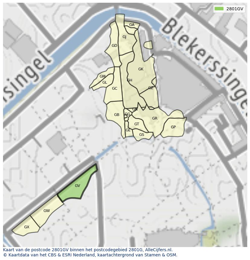 Afbeelding van het postcodegebied 2801 GV op de kaart.
