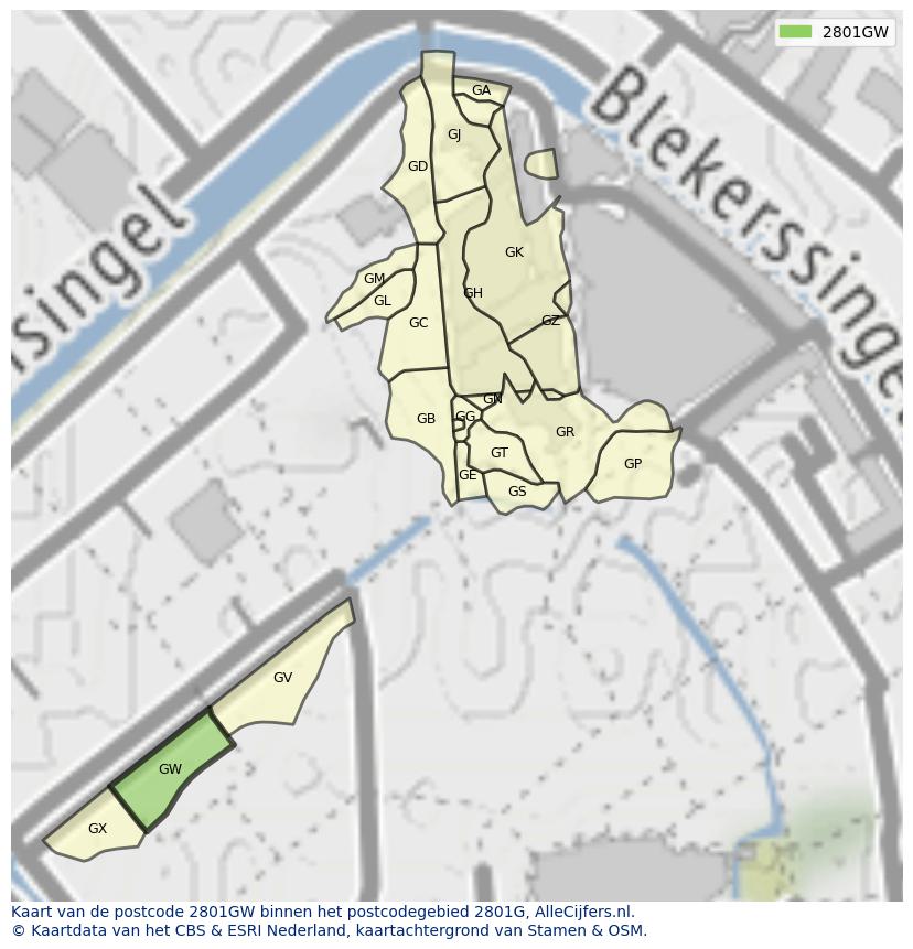 Afbeelding van het postcodegebied 2801 GW op de kaart.