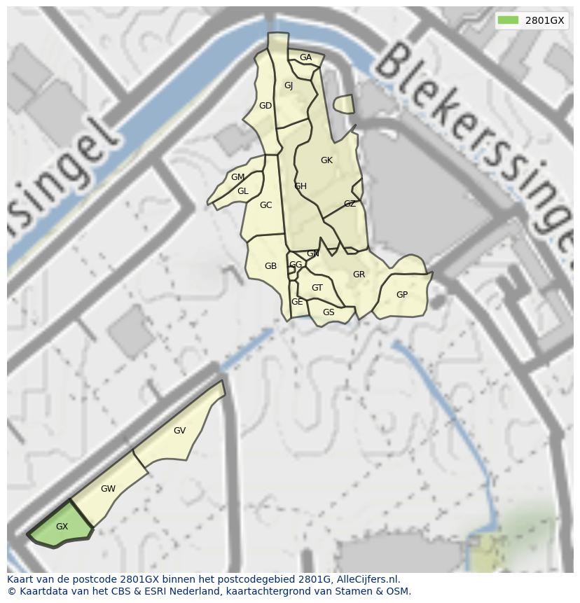 Afbeelding van het postcodegebied 2801 GX op de kaart.